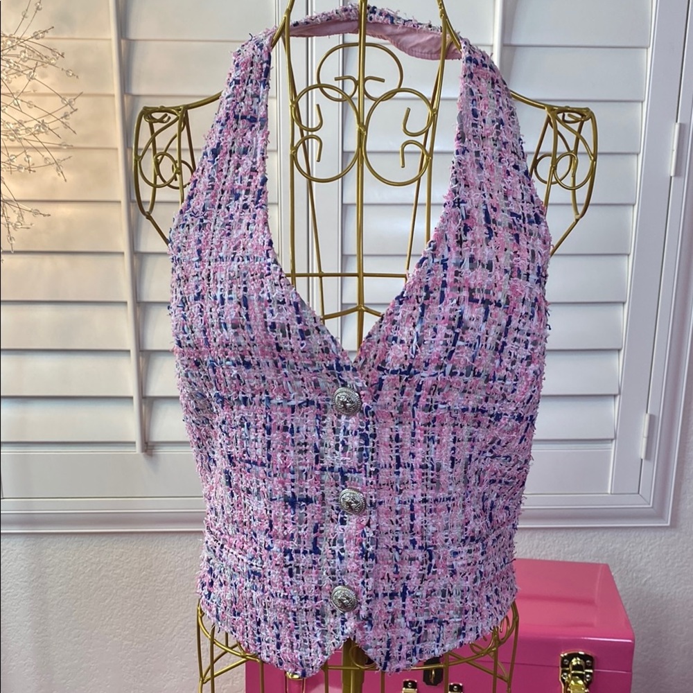 Chic Tweed Halter Button-Up Vest